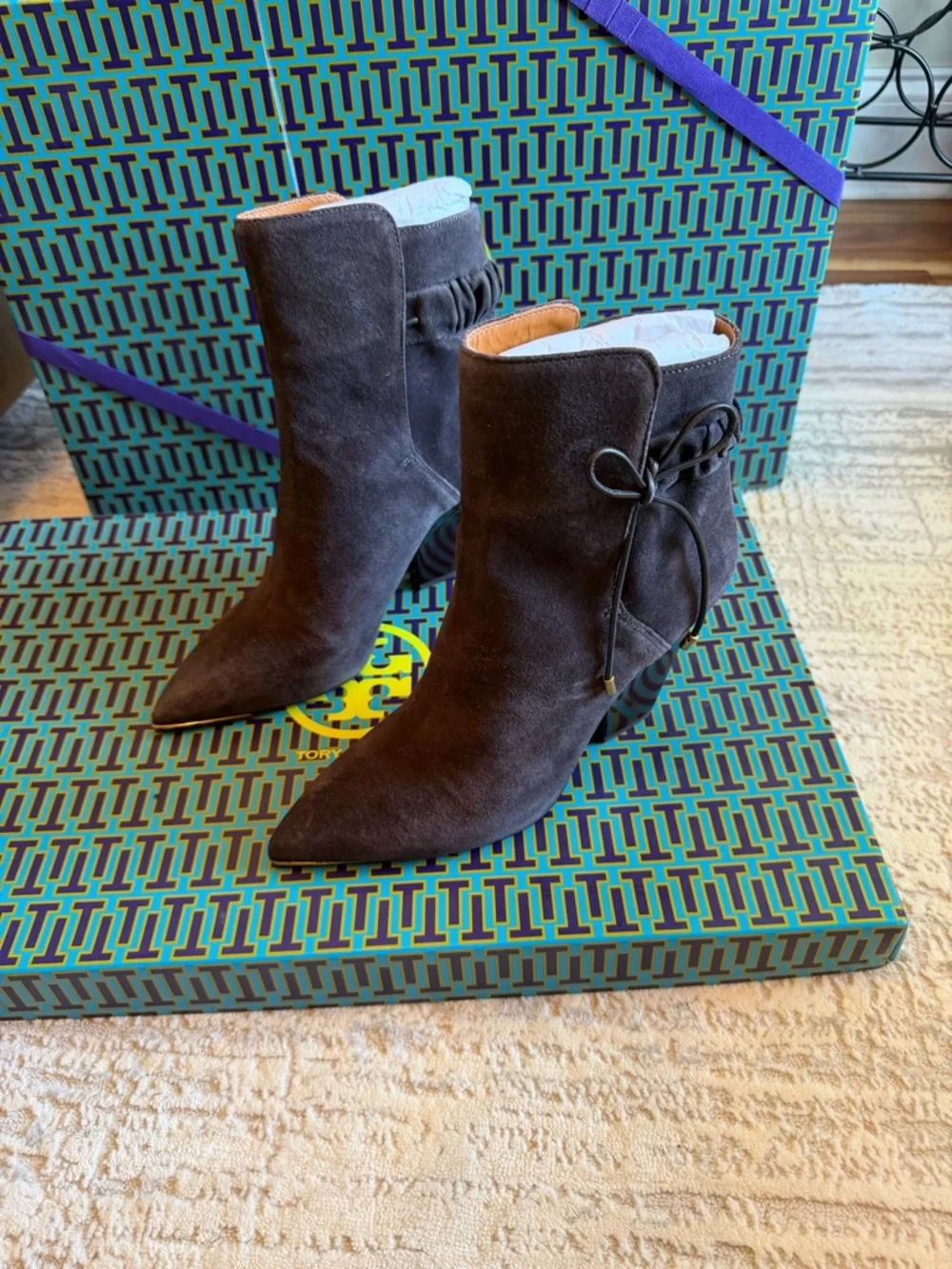 Tory Burch Dark Gray Suede Pointed Ankle Booties